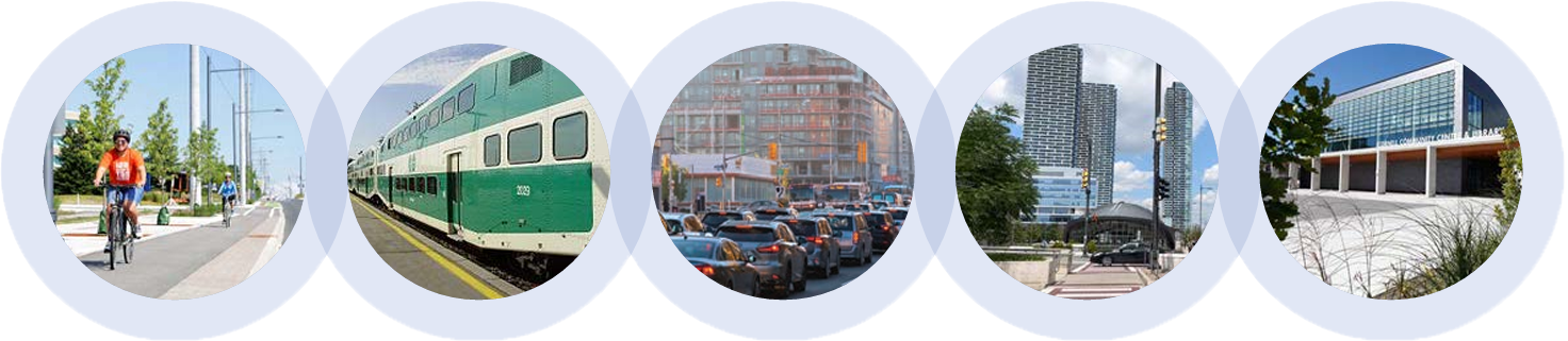 Five circles, each containing a single image of: a cyclist, GO train, traffic, VMC subway station, and community centre 