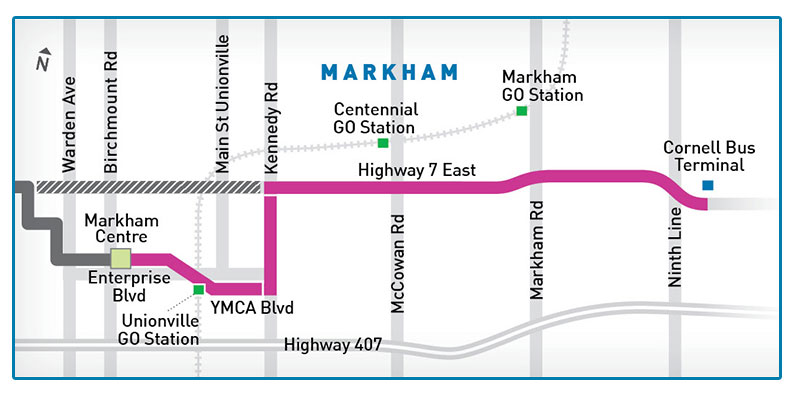 Map of highway 7 east bus rapid transit segments.